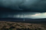A single renewable energy wind turbine in a green landscape on a rainy day (Generative AI, Generativ, KI)