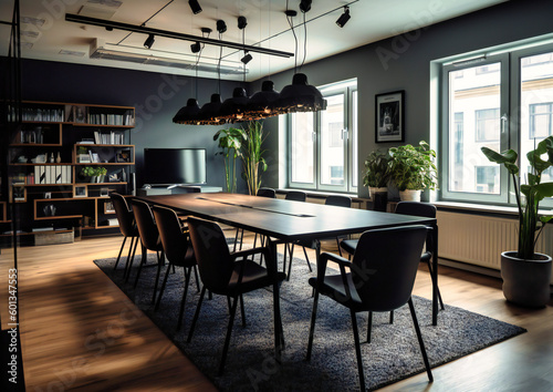 an office with a conference table and black chairs