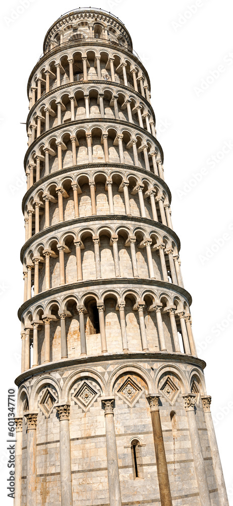 Leaning Tower of Pisa isolated on white or transparent background, Piazza dei Miracoli (Square of Miracles), UNESCO world heritage site, Tuscany, Italy, Europe. Png.