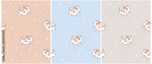 Vector Seamless Pattern with Cute Hand Drawn White-Brown Little Puppy. Lovely  Repeatable Design with Funny Baby Dogs and Tiny Hearts on a Beige, Gray and Blue Background. Sweet Baby Amstaff Print.