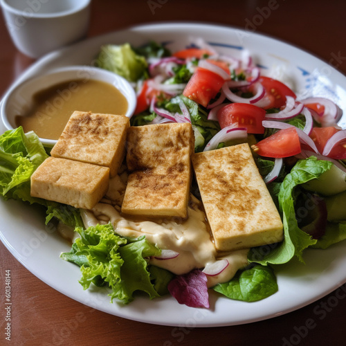 tofu with shawarma dressing and salad on the side