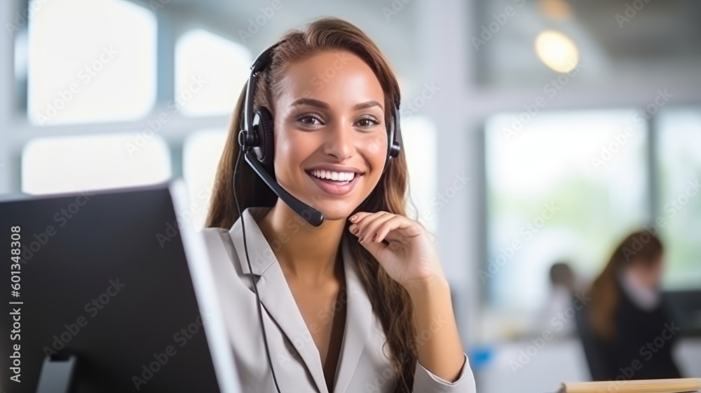 Portrait of a woman working in customer service at a call center. Generative AI. Portrait of a woman working in customer service at a call center. Generative AI.