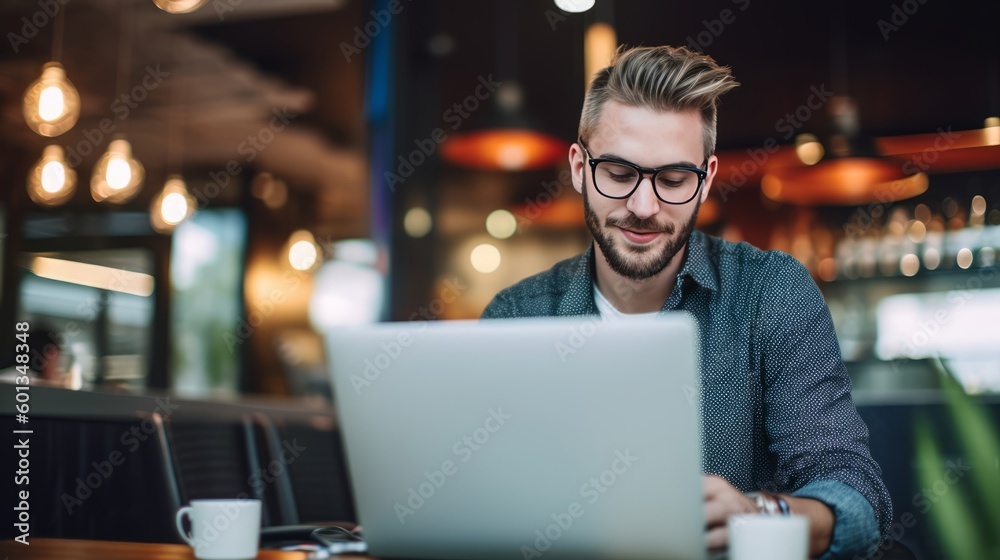 Man Using Laptop While Sitting at Restaurant. Generative AI. Man Using Laptop While Sitting at Restaurant. Generative AI.