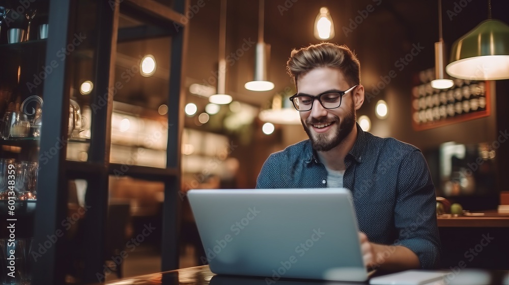 Man Using Laptop While Sitting at Restaurant. Generative AI. Man Using Laptop While Sitting at Restaurant. Generative AI.