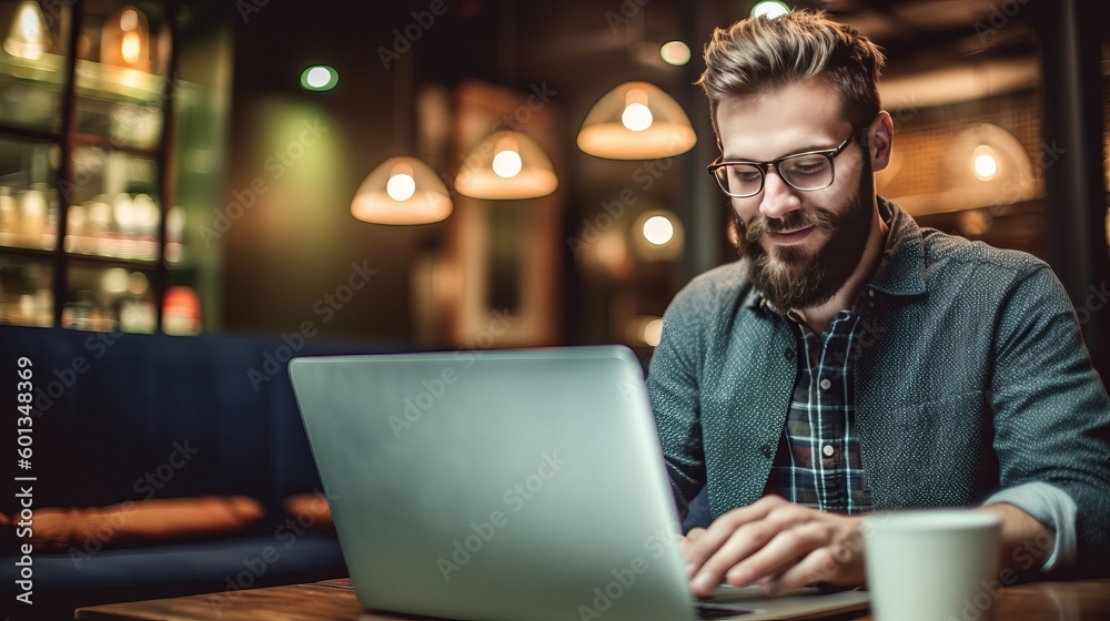 Man Using Laptop While Sitting at Restaurant. Generative AI. Man Using Laptop While Sitting at Restaurant. Generative AI.