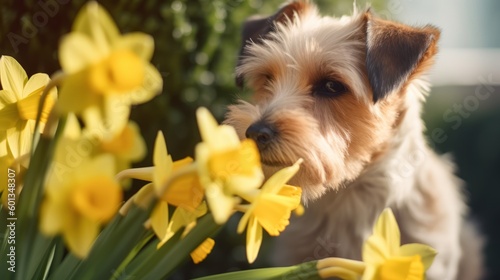 Happy pet dog puppy smelling easter daffodil flowers in nature. Spring forward, springtime background. Dog in the nature. Generative AI.