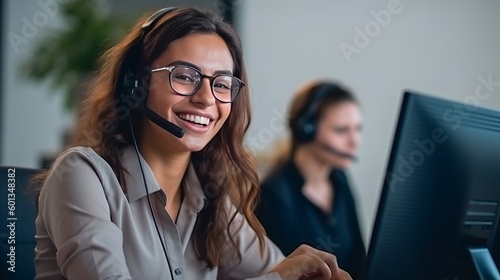 Portrait of a woman working in customer service at a call center. Generative AI.