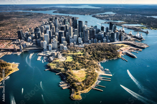 an aerial view with buildings and water in sydney