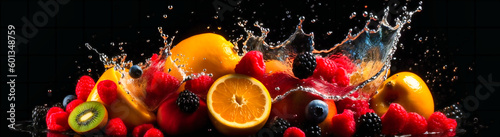 a bunch of fruit splashing on the black background