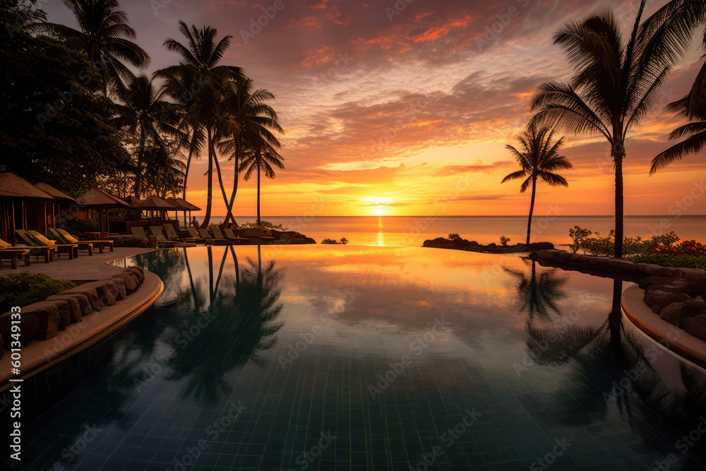 Opulent Infinity Pool at Prestigious Resort Under Sunset, Flanked by Lush Tropical Foliage