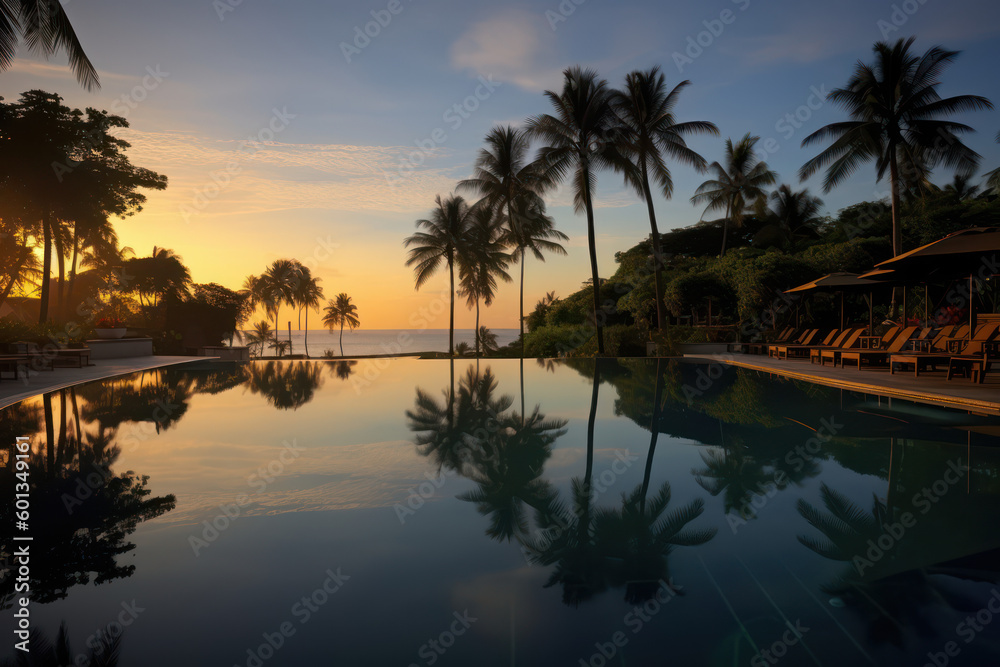 Luxurious Infinity Pool at Prestigious Resort Merging with Sea at Sunset