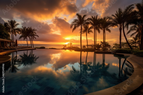 Secluded Paradise  Opulent Infinity Pool at a Five-Star Resort Amidst Tropical Foliage at Sunset