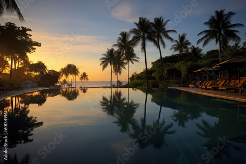 Luxurious Infinity Pool at Prestigious Resort Merging with Sea at Sunset © Noel