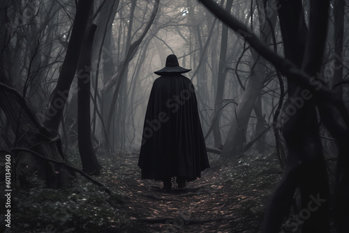 A Man in the Black Cloak Walking in the Dark Forest Generative AI