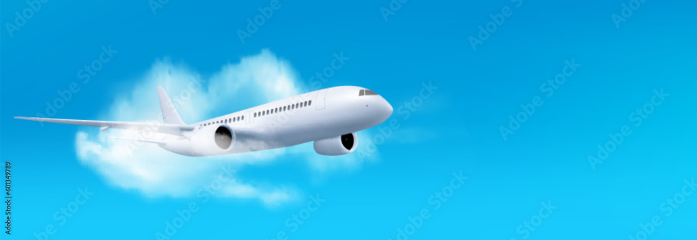 3d white airplane flying on blue sky landscape background with cloud, vector illustration, Realistic banner with blank passenger jet flight, side view, aviation concept or vacation trip ads mockup 3d white airplane flying on blue sky landscape background with cloud, vector illustration, Realistic banner with blank passenger jet flight, side view, aviation concept or vacation trip ads mockup