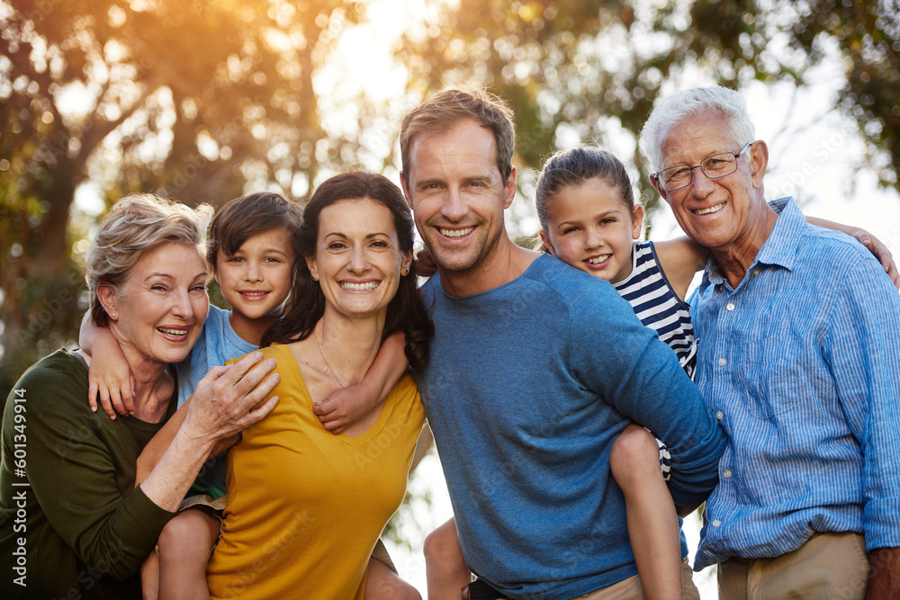 Portrait, outdoor and family with love, smile and bonding with fun, caring and happiness together. Face, happy grandparents and mother with father, children and kids in nature, playful and loving Portrait, outdoor and family with love, smile and bonding with fun, caring and happiness together. Face, happy grandparents and mother with father, children and kids in nature, playful and loving