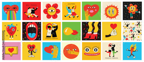 70's groovy square posters, cards or stickers. Retro print with hippie cute colorful funky character concepts of crazy geometric, dripping emoticon. Only good vibes sentence