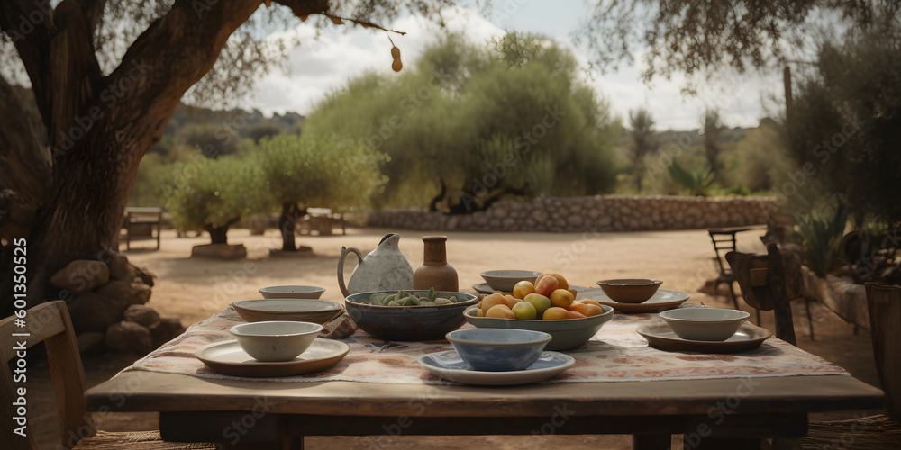Fototapeta premium An outdoors rustic vegan breakfast in the galilee hills