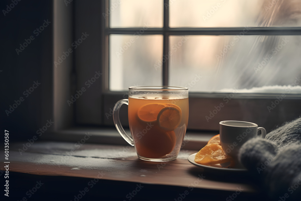 Obraz premium Hot tea with lemon on a rainy day