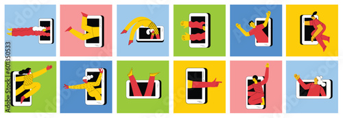 Technology of customers retention. Social media marketing and Dependence on the phone and the Internet. Illustration of the people fallen into a smartphone. Vector