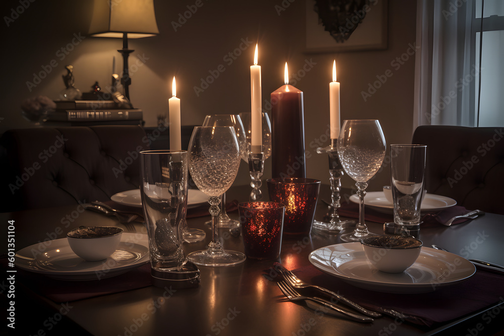 a romantic dinner table with candles and wine