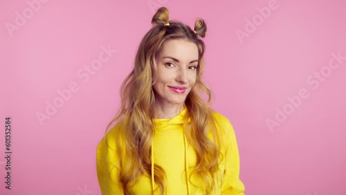 Wallpaper Mural Confusion, shame and young woman spreading hands say oops ouch oh omg i am so sorry. Shy female lady, uncertain emotion with doubt problem, hand gesture with mockup in studio on pink background Torontodigital.ca