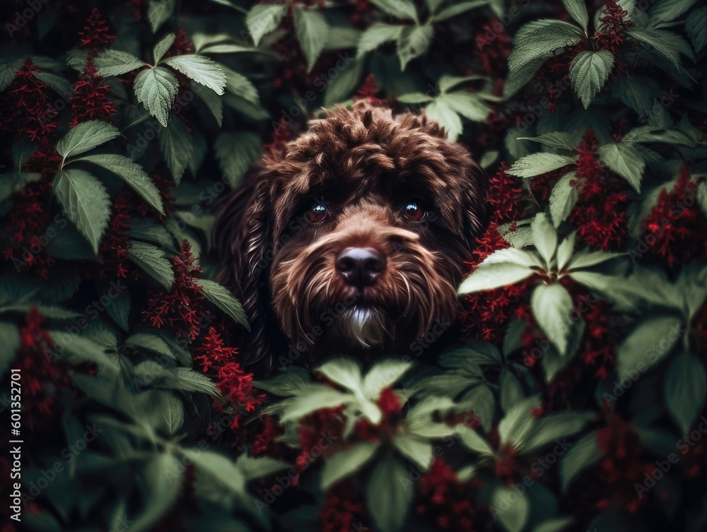 custom made wallpaper toronto digitalA dog's head peeking out from a green bush, with the rest of the body hidden among the leaves. Generative AI