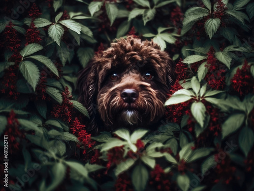 Wallpaper Mural A dog's head peeking out from a green bush, with the rest of the body hidden among the leaves. Generative AI Torontodigital.ca