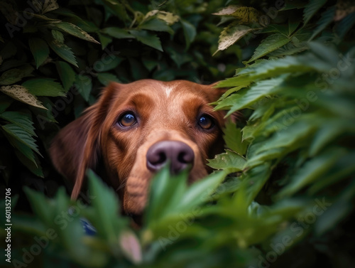 A dog's head peeking out from a green bush, with the rest of the body hidden among the leaves. Generative AI © Sascha