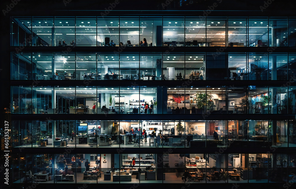 glass building at night with people inside in the glass