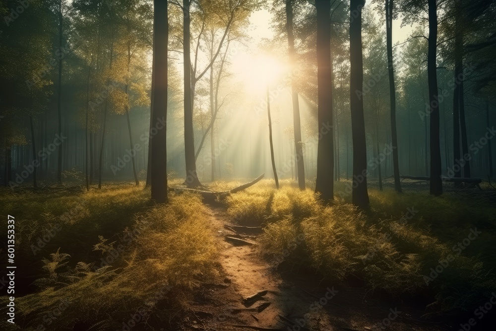 Forest sun rays morning. Generate Ai