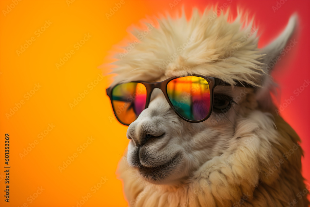 Funny alpaca wearing sunglasses in studio with a colorful and bright background. Generative AI