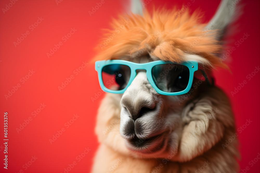 Funny alpaca wearing sunglasses in studio with a colorful and bright background. Generative AI