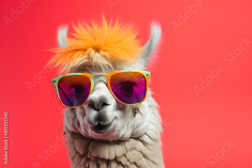 Funny alpaca wearing sunglasses in studio with a colorful and bright background. Generative AI
