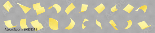 Blank paper sheets, document pages and office notes fly in air. 3d empty yellow stickers with curl corners fall isolated on transparent background, vector realistic set