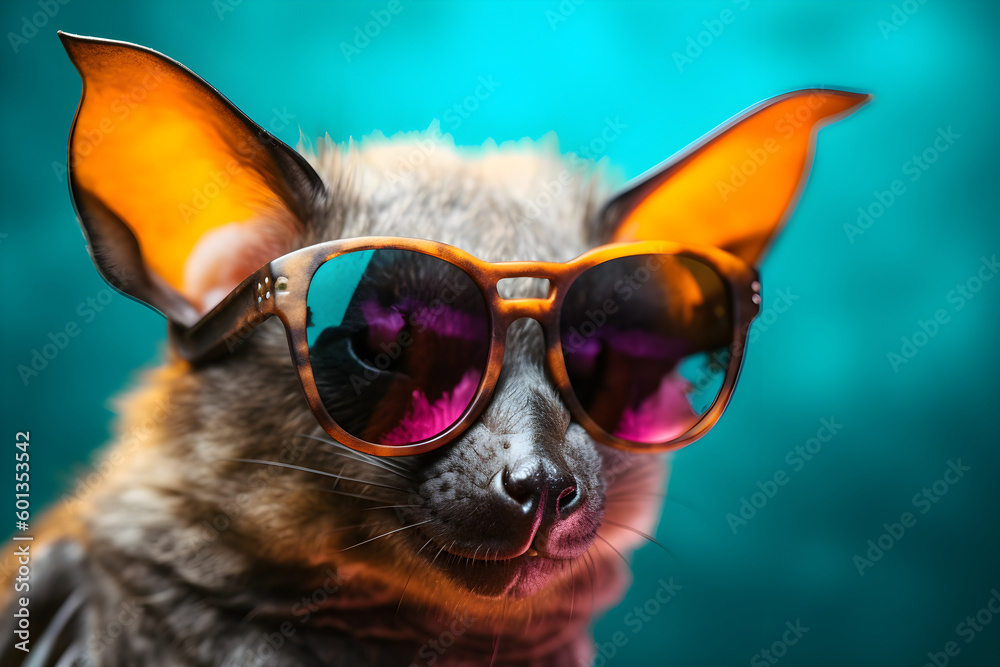 Funny bat wearing sunglasses in studio with a colorful and bright background. Generative AI