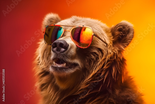Funny bear wearing sunglasses in studio with a colorful and bright background. Generative AI