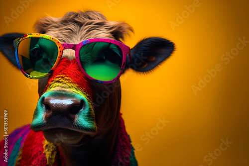 Funny bull or cow wearing sunglasses in studio with a colorful and bright background. Generative AI © Mihai Zaharia