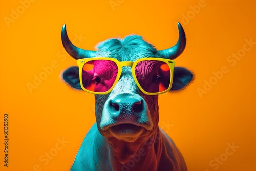 Funny bull or cow wearing sunglasses in studio with a colorful and bright background. Generative AI