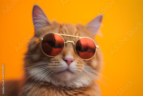 Funny cat wearing sunglasses in studio with a colorful and bright background. Generative AI