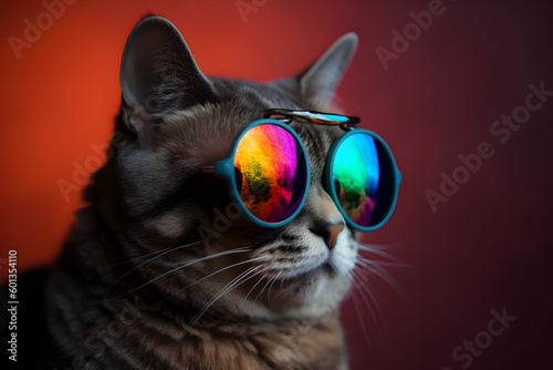 Funny cat wearing sunglasses in studio with a colorful and bright background. Generative AI