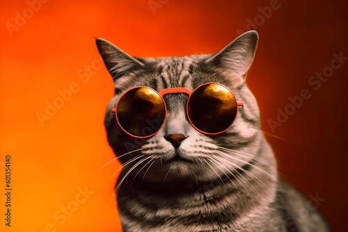 Funny cat wearing sunglasses in studio with a colorful and bright background. Generative AI