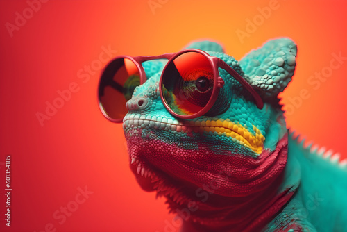 Funny chameleon wearing sunglasses in studio with a colorful and bright background. Generative AI