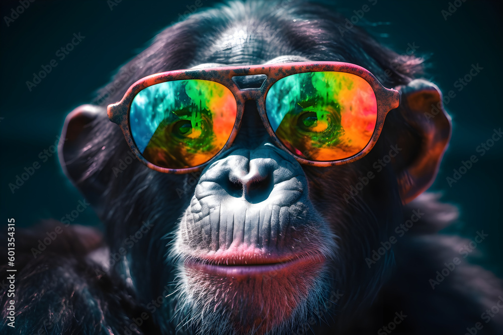 Funny chimpanzee wearing sunglasses in studio with a colorful and bright background. Generative AI