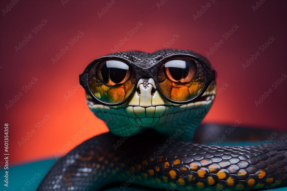 Funny cobra wearing sunglasses in studio with a colorful and bright background. Generative AI