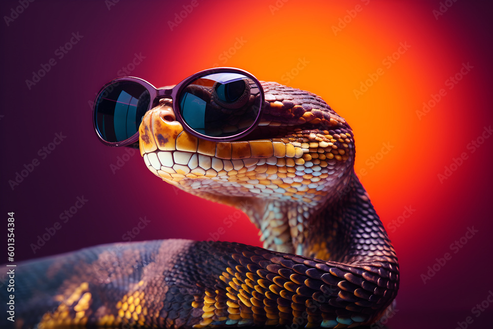 Fototapeta premium Funny cobra wearing sunglasses in studio with a colorful and bright background. Generative AI