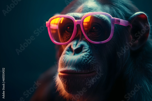 Funny chimpanzee wearing sunglasses in studio with a colorful and bright background. Generative AI © Mihai Zaharia