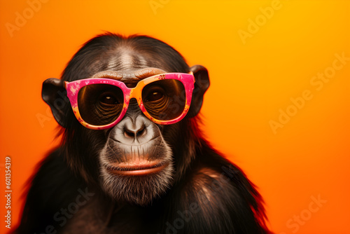 Funny chimpanzee wearing sunglasses in studio with a colorful and bright background. Generative AI