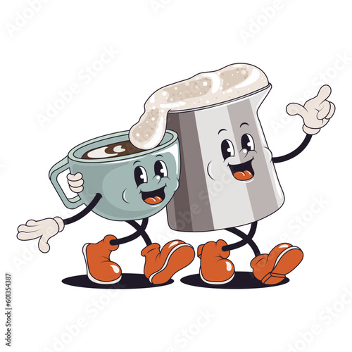 Coffee character collection. Mascot cups of hot drink, cappuccino, latte, espresso in trendy vintage cartoon style. Coffee characters in 60s, 70s old animation style. Retro comic cafe mascots.