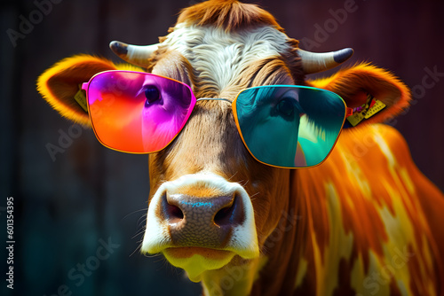 Funny cow wearing sunglasses in studio with a colorful and bright background. Generative AI